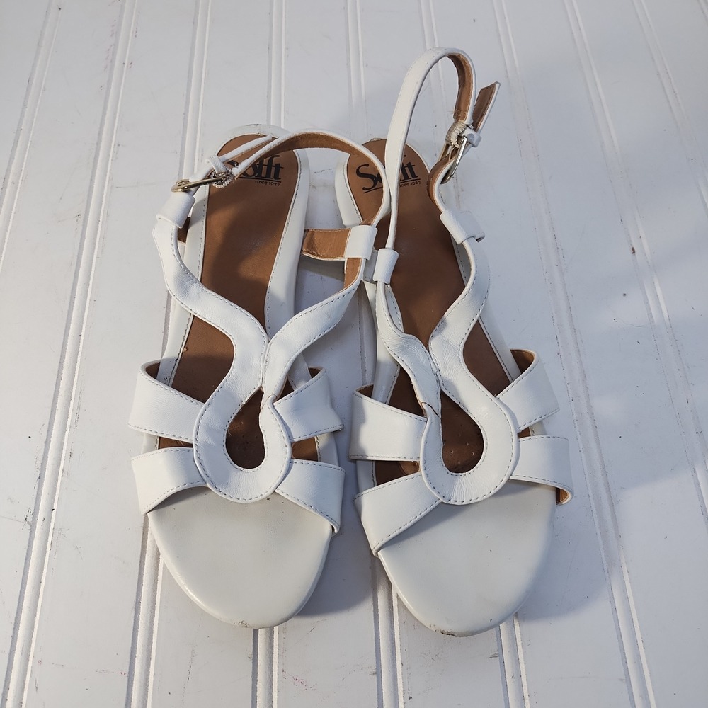 Sofft Womens 8 M White Leather Wedge Sandals Strappy Ankle Buckle Boho Beach